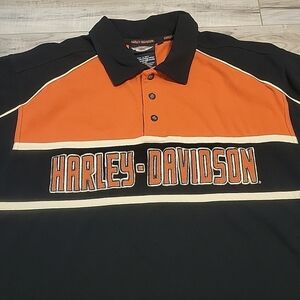 Harley Davidson Shirt Mens Large Orange Black Embroidered Double Sided